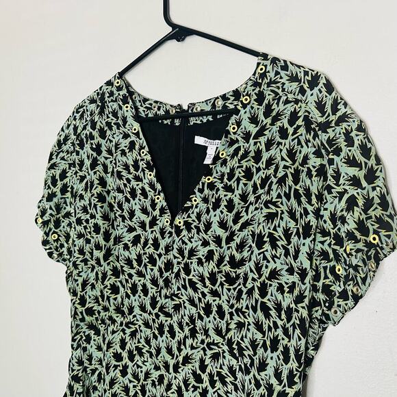 DEREK LAM 10 Crosby Green Black Leaf Printed V Neck Grommet Mini Dress Size 12 - Picture 5 of 14